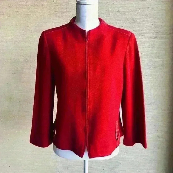 St. John Collection Red Knit & Leather Trim Jacket - Picture 1 of 8